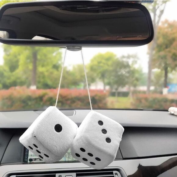 🔸️White Car Mirror/Costume Fuzzy Dice - Picture 1 of 5